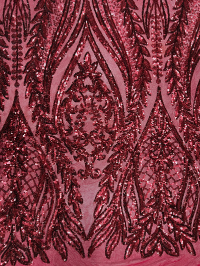 Isabella BURGUNDY Curlicue & Leaves Sequins on Mesh Lace Fabric by the Yard
