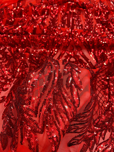 Isabella RED Curlicue & Leaves Sequins on Mesh Lace Fabric by the Yard