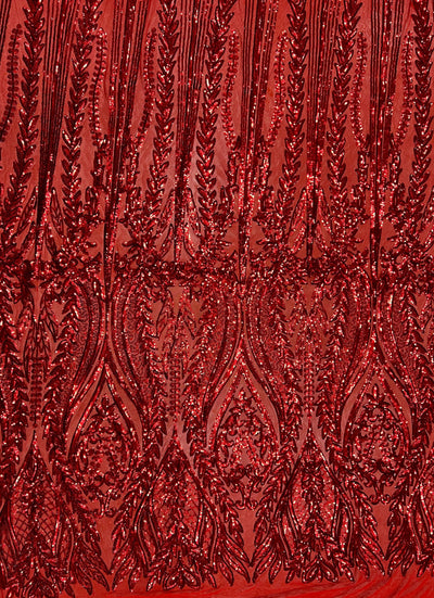 Isabella RED Curlicue & Leaves Sequins on Mesh Lace Fabric by the Yard