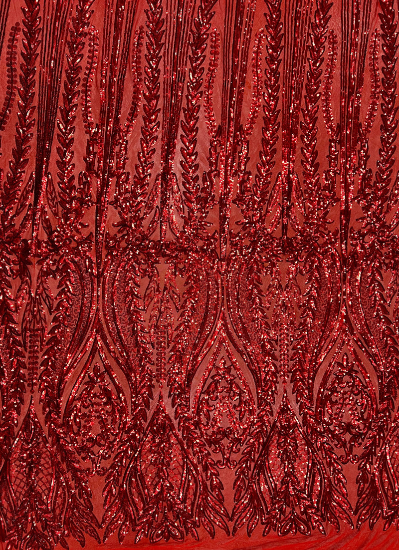 Isabella RED Curlicue & Leaves Sequins on Mesh Lace Fabric by the Yard