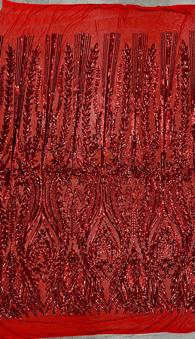 Isabella RED Curlicue & Leaves Sequins on Mesh Lace Fabric by the Yard