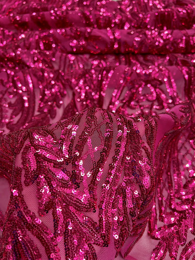 Isabella DARK PINK Curlicue & Leaves Sequins on Mesh Lace Fabric by the Yard