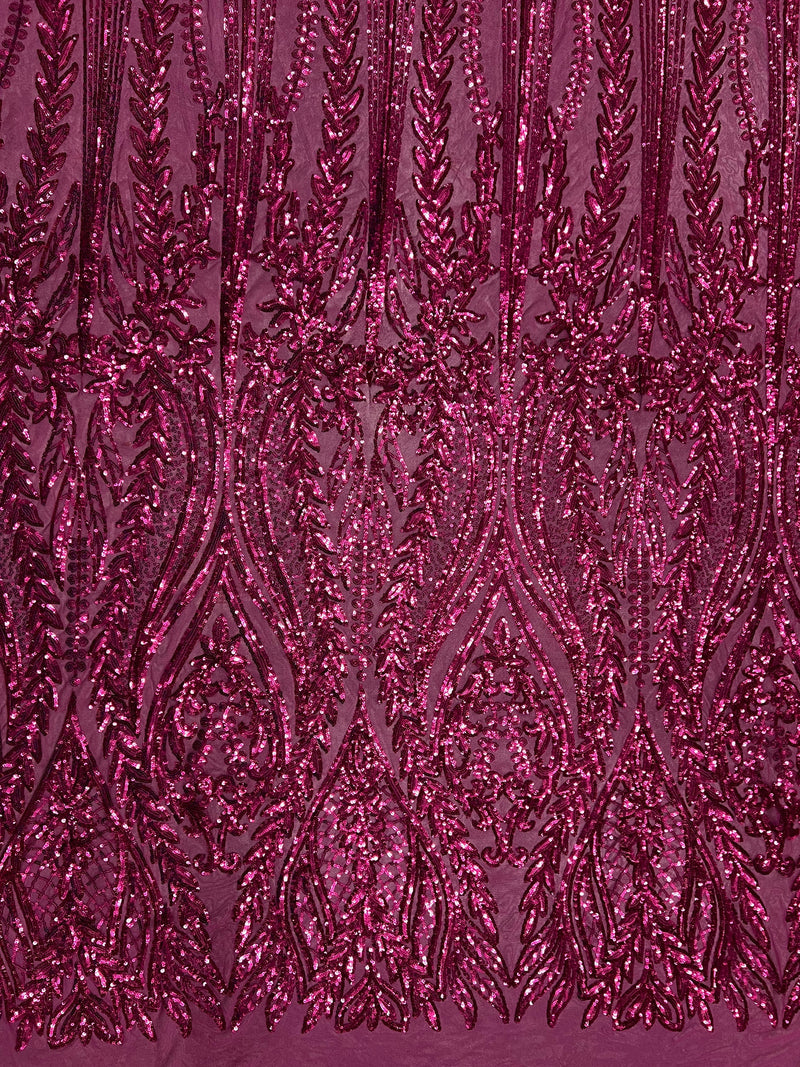 Isabella DARK PINK Curlicue & Leaves Sequins on Mesh Lace Fabric by the Yard