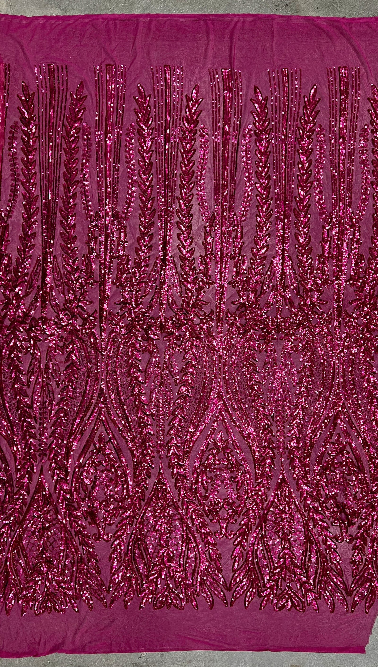 Isabella DARK PINK Curlicue & Leaves Sequins on Mesh Lace Fabric by the Yard