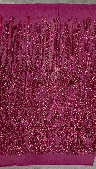 Isabella DARK PINK Curlicue & Leaves Sequins on Mesh Lace Fabric by the Yard