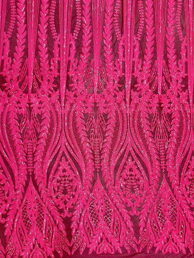 Isabella HOT PINK Curlicue & Leaves Sequins on Mesh Lace Fabric by the Yard