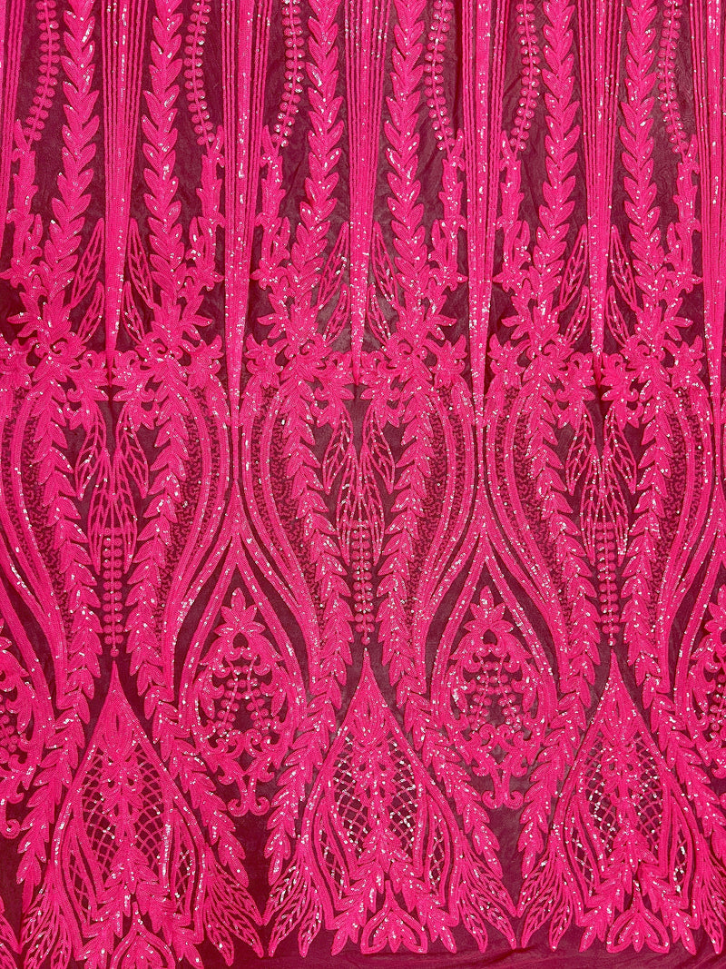 Isabella HOT PINK Curlicue & Leaves Sequins on Mesh Lace Fabric by the Yard