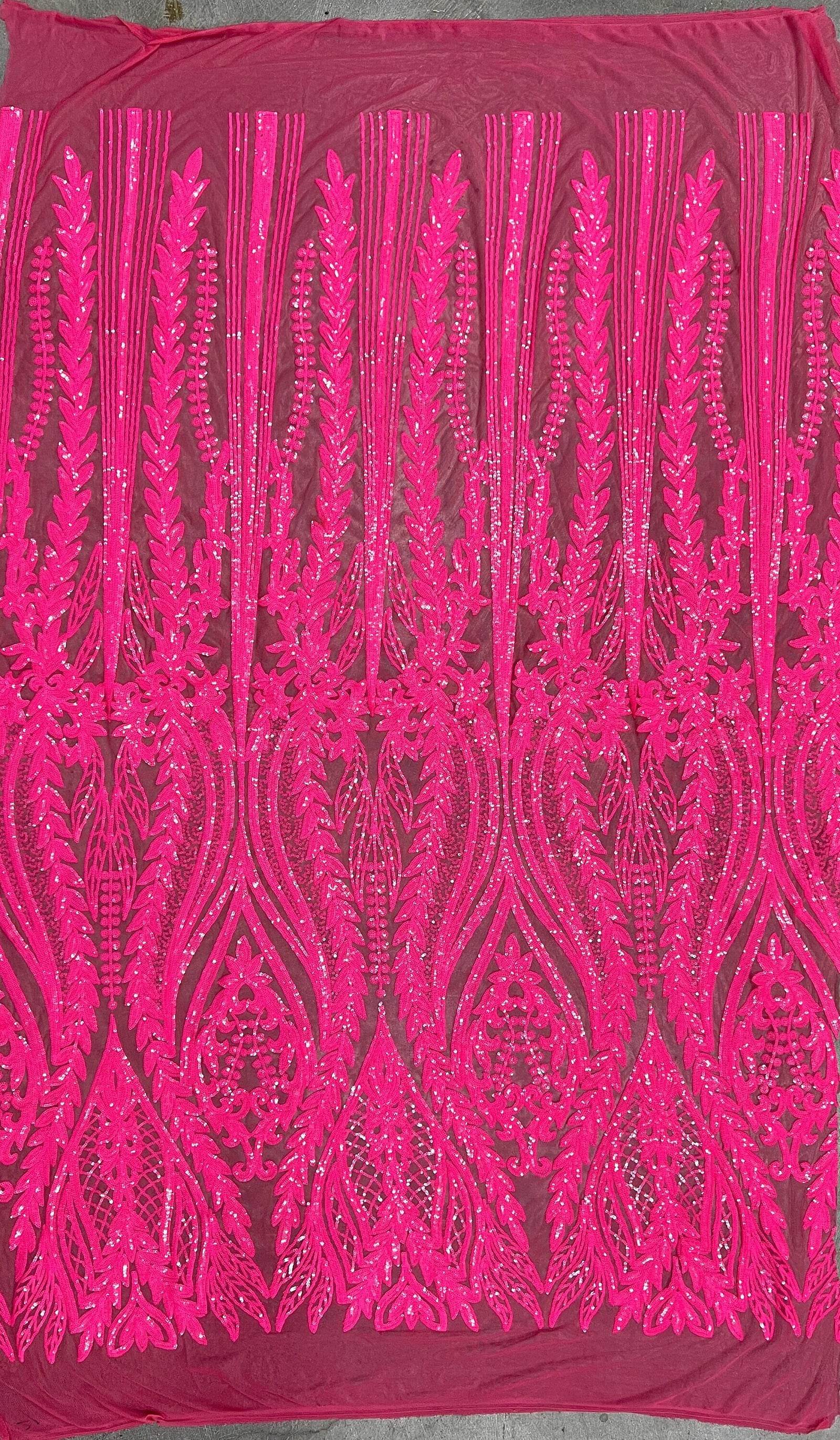 Isabella HOT PINK Curlicue & Leaves Sequins on Mesh Lace Fabric by the Yard