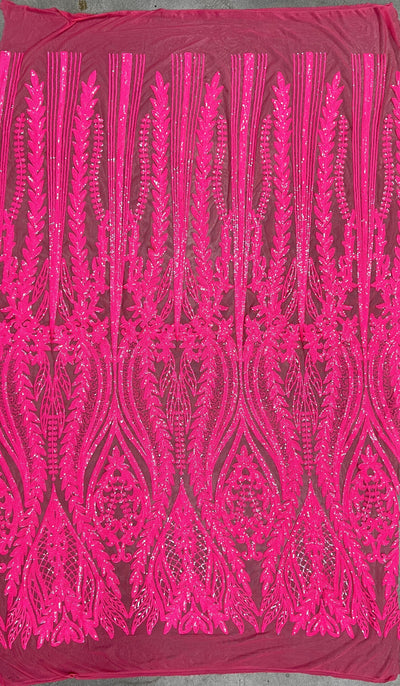 Isabella HOT PINK Curlicue & Leaves Sequins on Mesh Lace Fabric by the Yard