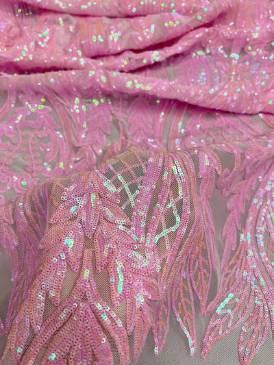 Isabella IRIDESCENT PINK Curlicue & Leaves Sequins on Mesh Lace Fabric by the Yard