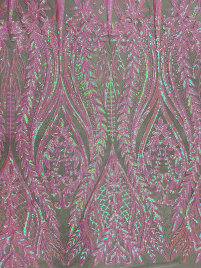 Isabella IRIDESCENT PINK Curlicue & Leaves Sequins on Mesh Lace Fabric by the Yard