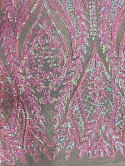 Isabella IRIDESCENT PINK Curlicue & Leaves Sequins on Mesh Lace Fabric by the Yard