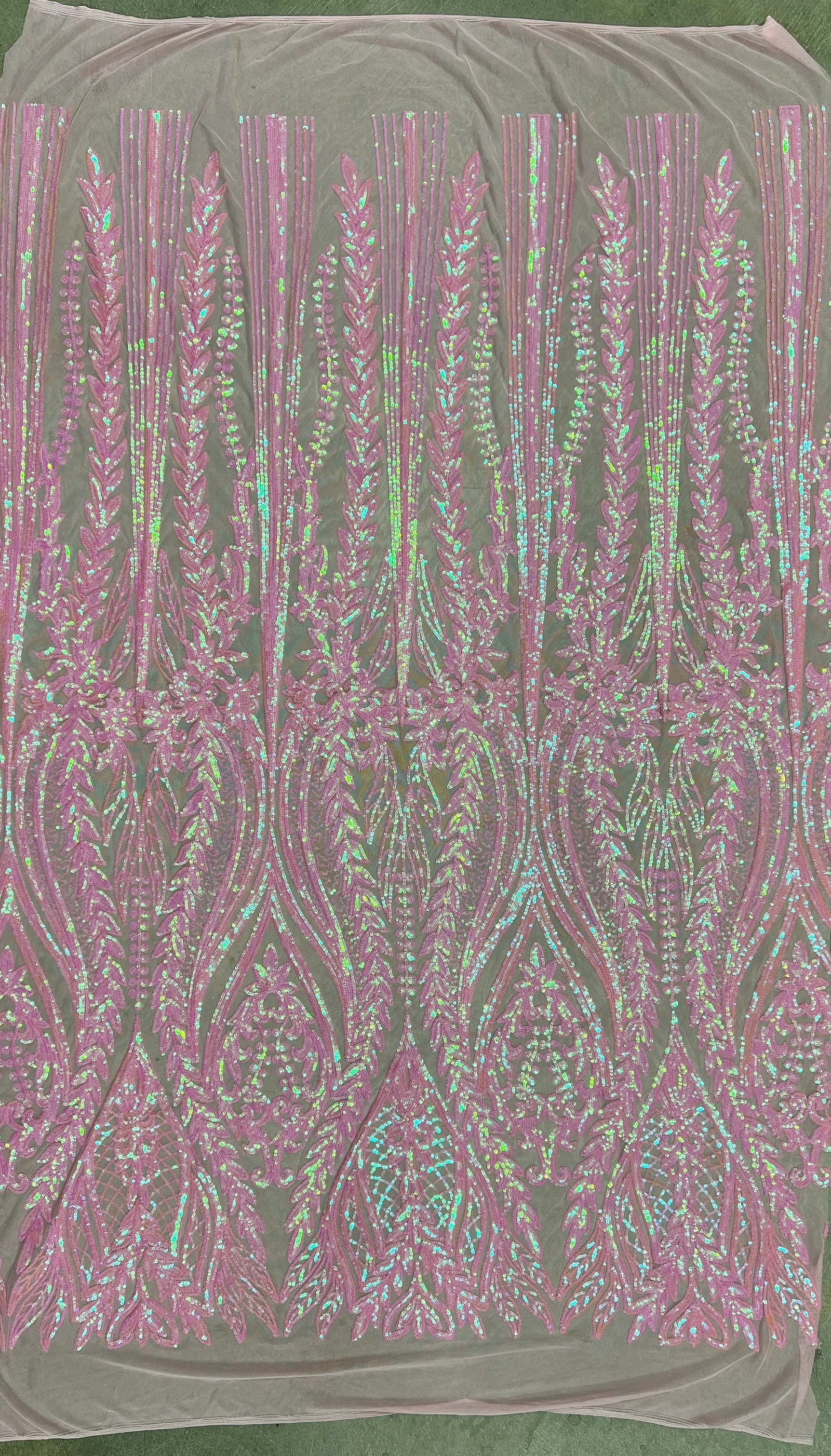 Isabella IRIDESCENT PINK Curlicue & Leaves Sequins on Mesh Lace Fabric by the Yard