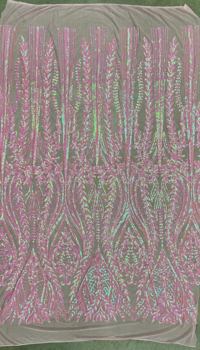 Isabella IRIDESCENT PINK Curlicue & Leaves Sequins on Mesh Lace Fabric by the Yard