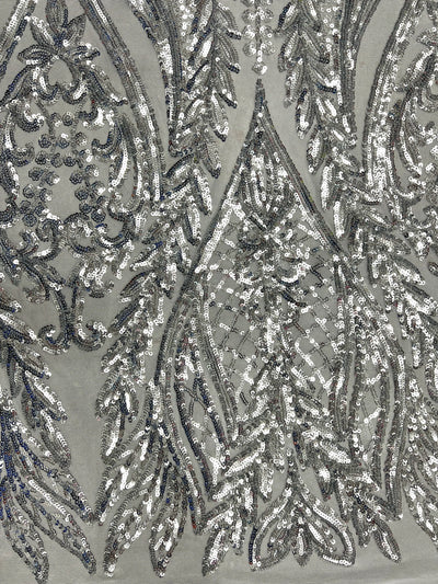 Isabella SILVER Curlicue & Leaves Sequins on WHITE Mesh Lace Fabric by the Yard