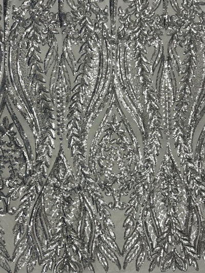 Isabella SILVER Curlicue & Leaves Sequins on WHITE Mesh Lace Fabric by the Yard