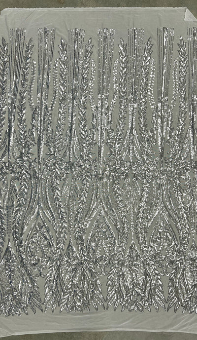 Isabella SILVER Curlicue & Leaves Sequins on WHITE Mesh Lace Fabric by the Yard