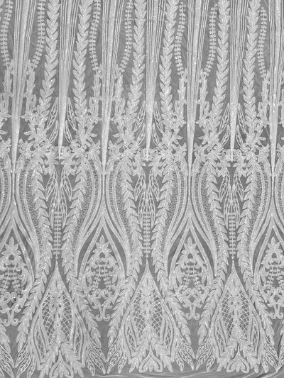 Isabella WHITE Curlicue & Leaves Sequins on Mesh Lace Fabric by the Yard