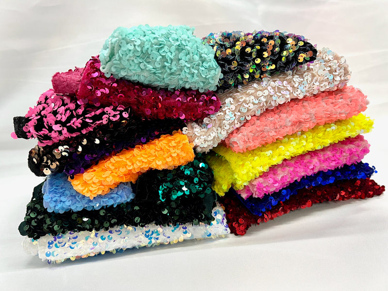 River 3 VARIOUS COLORS Sequins on Polyester Stretch Velvet Fabric Scraps/Remnants/Off Cuts for Scrunchies, Headbands, Bows, Patterns, Crafts