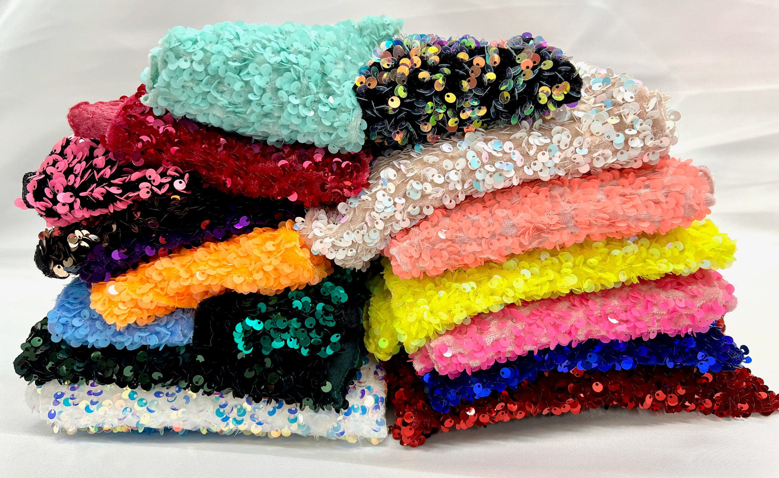 River 3 VARIOUS COLORS Sequins on Polyester Stretch Velvet Fabric Scraps/Remnants/Off Cuts for Scrunchies, Headbands, Bows, Patterns, Crafts