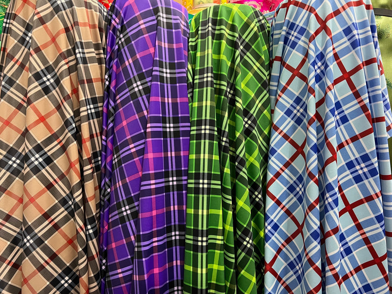 Clementine Plaid Printed Polyester Spandex 4-way Stretch Medium Weight Fabric for Apparel, Swimwear, Activewear, Costumes, Crafts