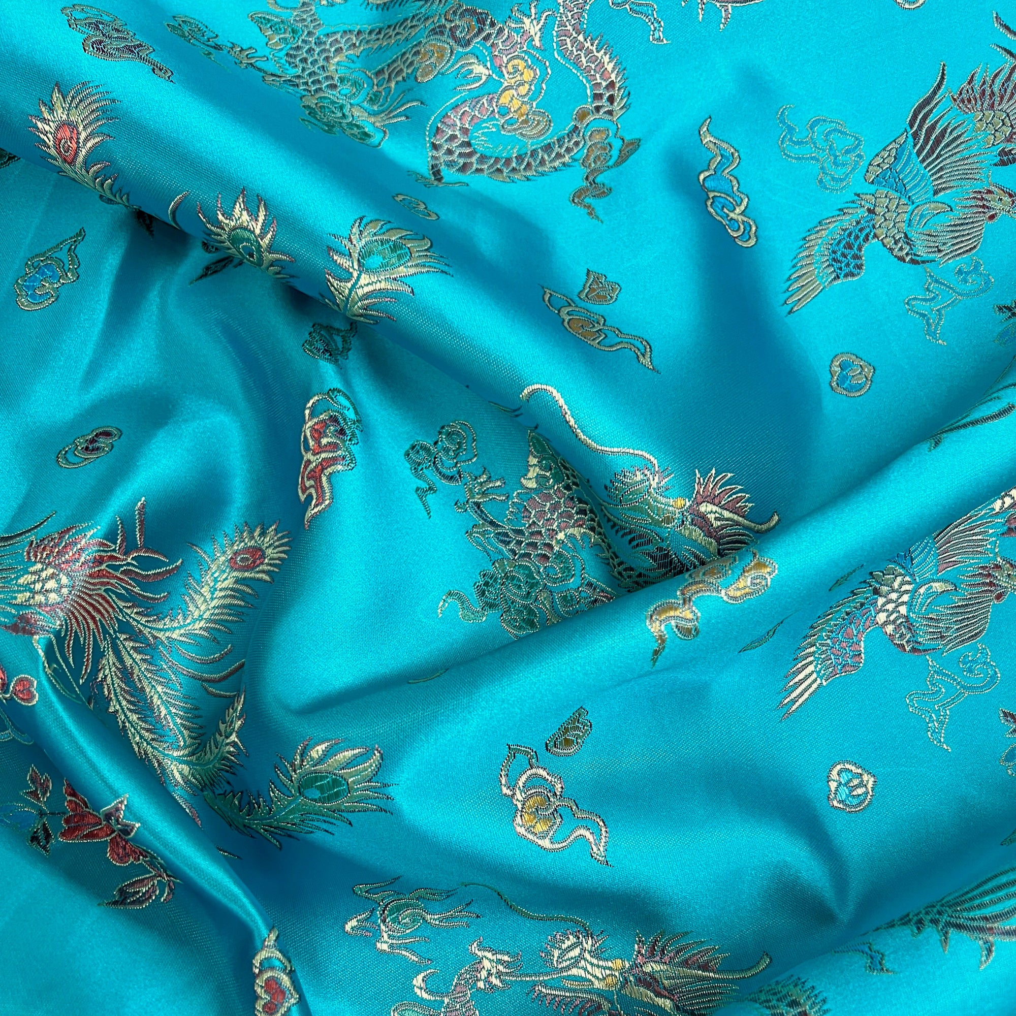 Hope TURQUOISE Dragon Brocade Chinese Satin Fabric by the Yard