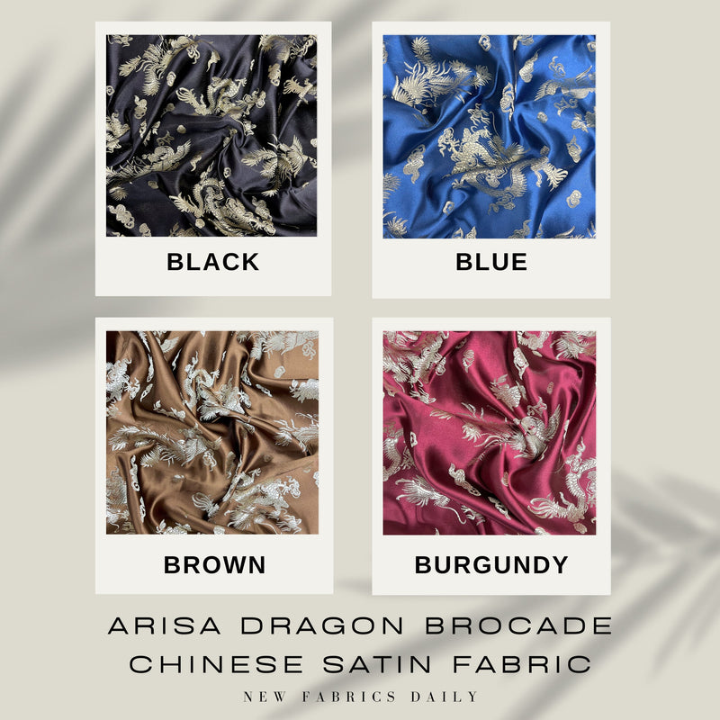 Arisa Gold Dragon Brocade Chinese Satin Fabric for Cheongsam/Qipao, Apparel, Costumes, Upholstery, Bags, Crafts - 10237