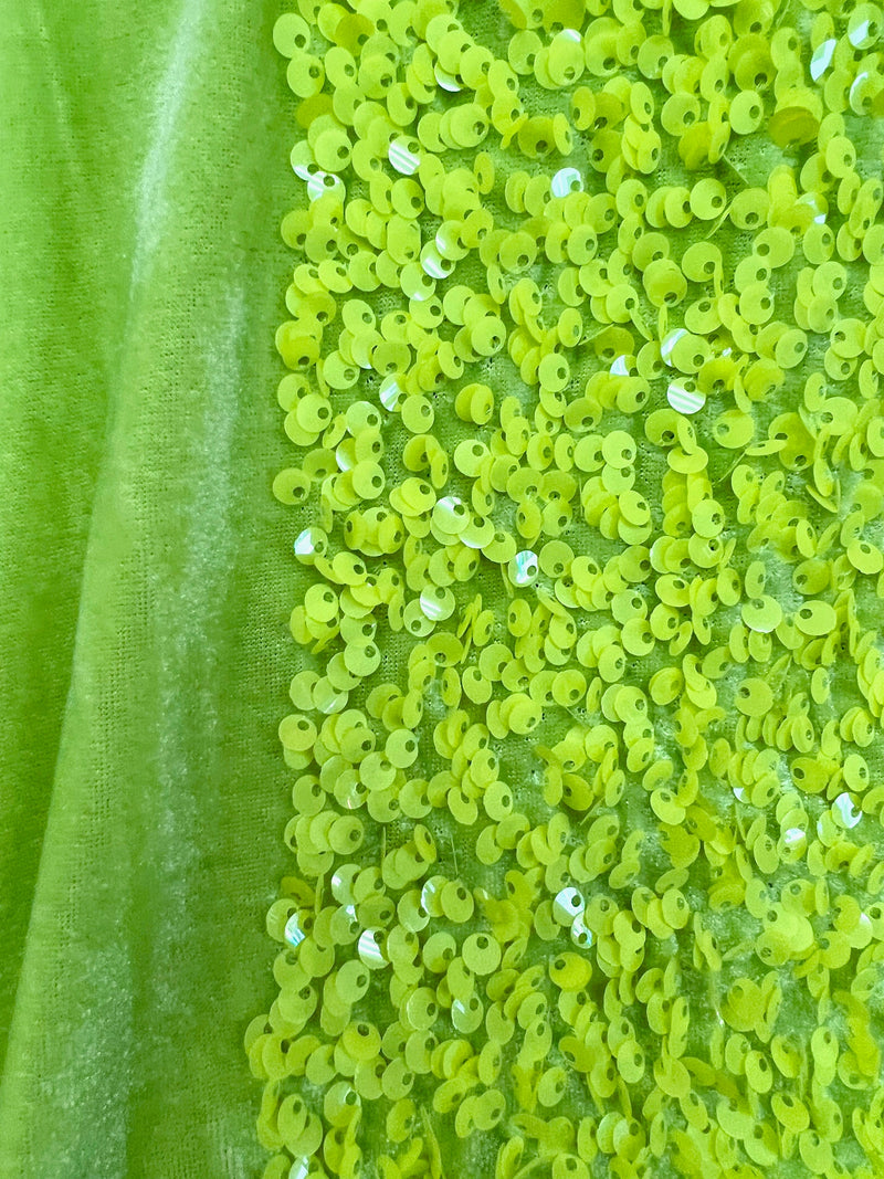 Stephanie LIME GREEN Overlap Sequins on LIME Stretch Velvet Fabric by the Yard for Gowns, Apparel, Costumes, Crafts - 10185