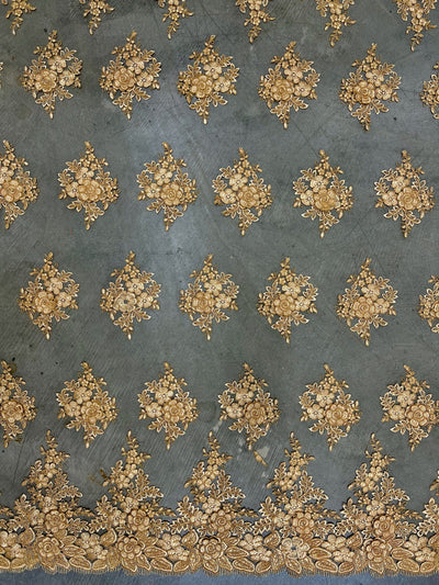 Alessia DARK GOLD Polyester 3D Floral Embroidery on Mesh Lace Fabric by the Yard - 10174