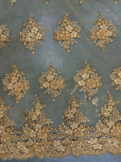 Alessia DARK GOLD Polyester 3D Floral Embroidery on Mesh Lace Fabric by the Yard - 10174