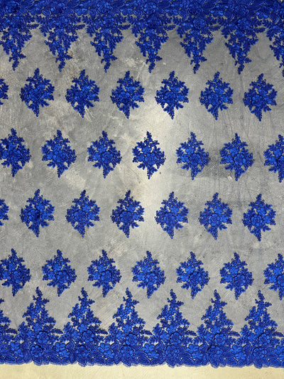 Alessia ROYAL BLUE Polyester 3D Floral Embroidery on Mesh Lace Fabric by the Yard - 10174