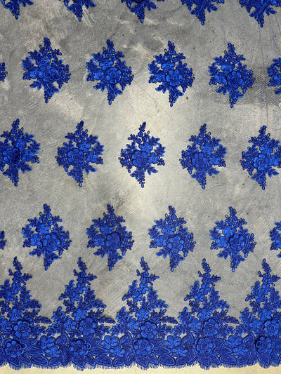 Alessia ROYAL BLUE Polyester 3D Floral Embroidery on Mesh Lace Fabric by the Yard - 10174