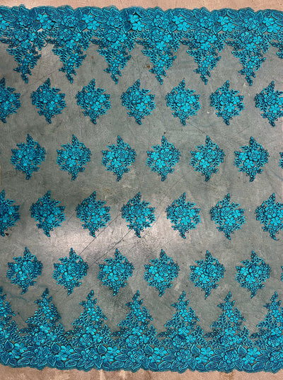 Alessia TEAL Polyester 3D Floral Embroidery on Mesh Lace Fabric by the Yard - 10174