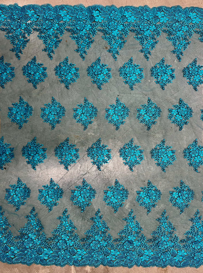 Alessia TEAL Polyester 3D Floral Embroidery on Mesh Lace Fabric by the Yard - 10174