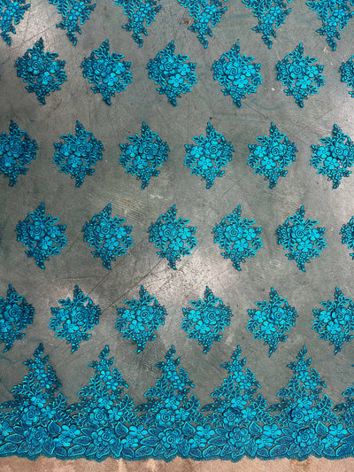 Alessia TEAL Polyester 3D Floral Embroidery on Mesh Lace Fabric by the Yard - 10174