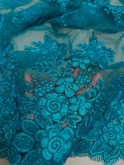 Alessia TEAL Polyester 3D Floral Embroidery on Mesh Lace Fabric by the Yard - 10174