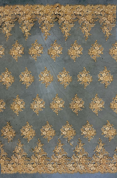 Alessia DARK GOLD Polyester 3D Floral Embroidery on Mesh Lace Fabric by the Yard - 10174