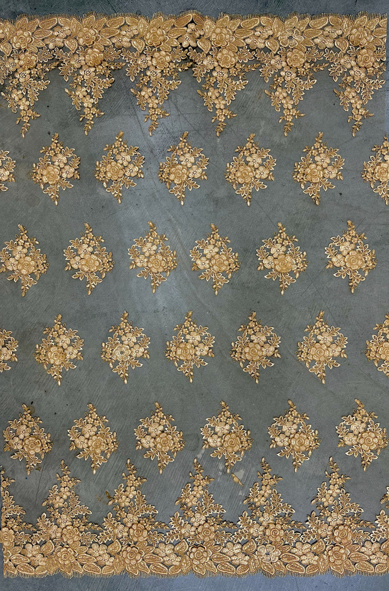 Alessia DARK GOLD Polyester 3D Floral Embroidery on Mesh Lace Fabric by the Yard - 10174