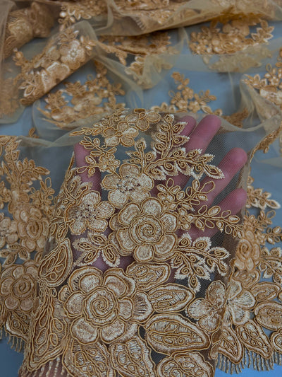 Alessia DARK GOLD Polyester 3D Floral Embroidery on Mesh Lace Fabric by the Yard - 10174