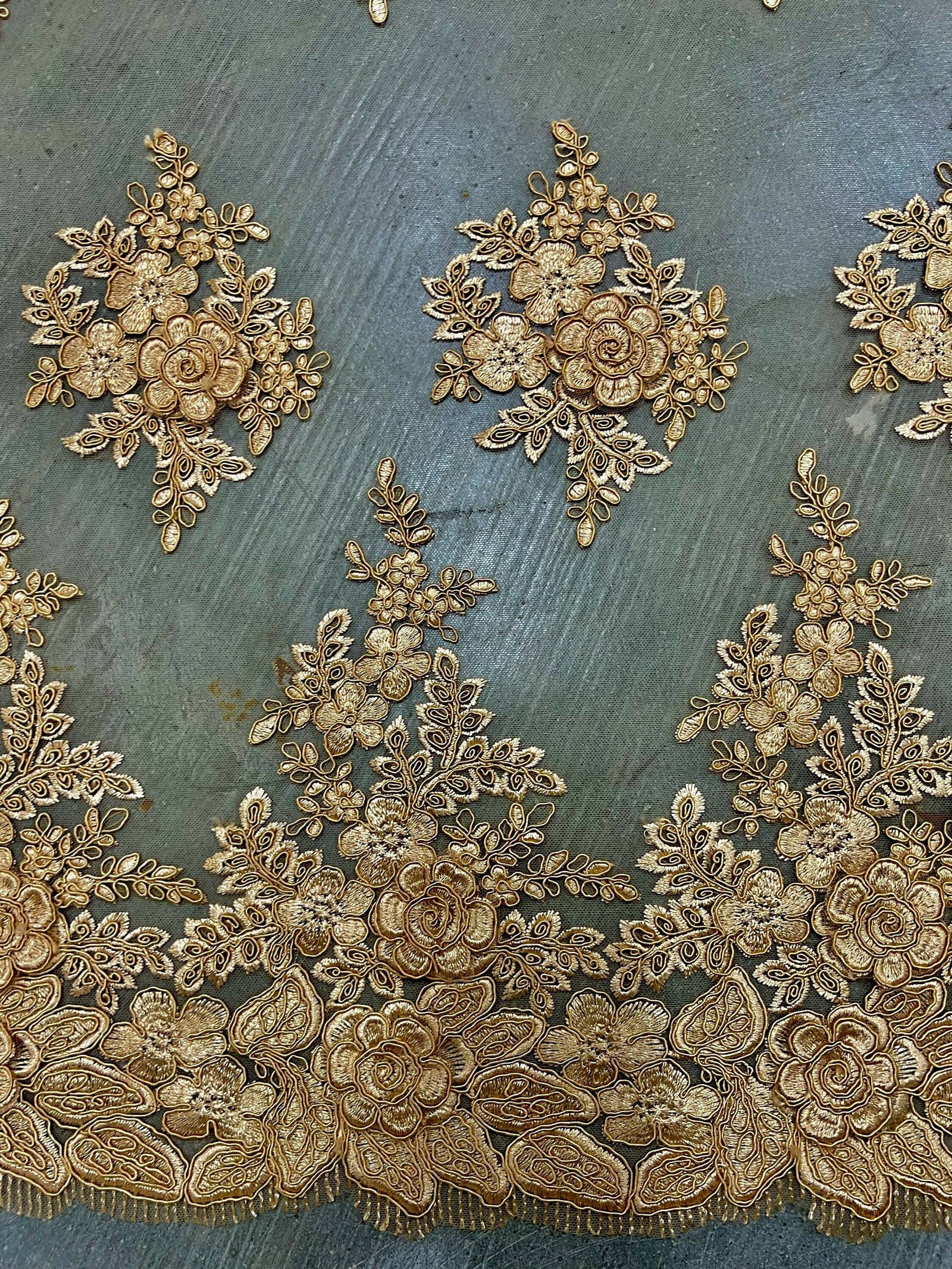 Alessia DARK GOLD Polyester 3D Floral Embroidery on Mesh Lace Fabric by the Yard - 10174