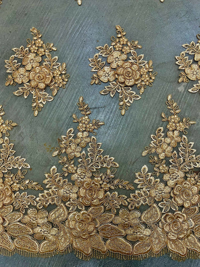 Alessia DARK GOLD Polyester 3D Floral Embroidery on Mesh Lace Fabric by the Yard - 10174