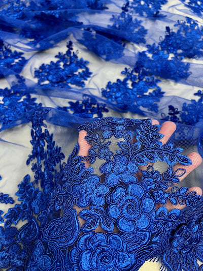 Alessia ROYAL BLUE Polyester 3D Floral Embroidery on Mesh Lace Fabric by the Yard - 10174