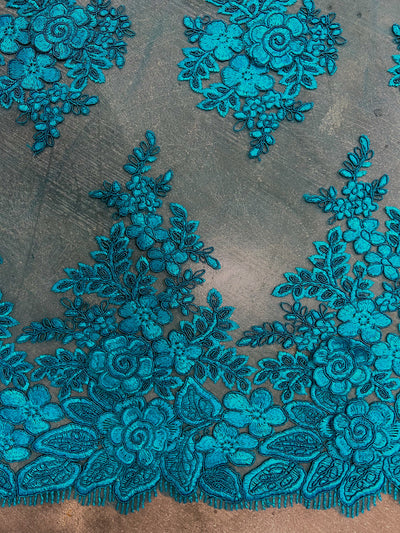 Alessia TEAL Polyester 3D Floral Embroidery on Mesh Lace Fabric by the Yard - 10174