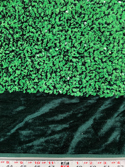 Stephanie GREEN Overlap Sequins on HUNTER GREEN Stretch Velvet Fabric by the Yard for Gowns, Apparel, Costumes, Crafts - 10185