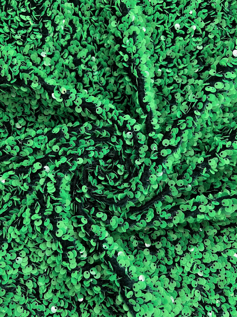 Stephanie GREEN Overlap Sequins on HUNTER GREEN Stretch Velvet Fabric by the Yard for Gowns, Apparel, Costumes, Crafts - 10185