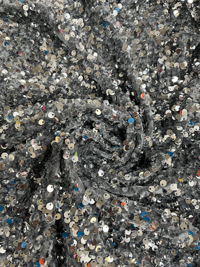 Stephanie SILVER Overlap Sequins on GREY Stretch Velvet Fabric by the Yard for Gowns, Apparel, Costumes, Crafts - 10185