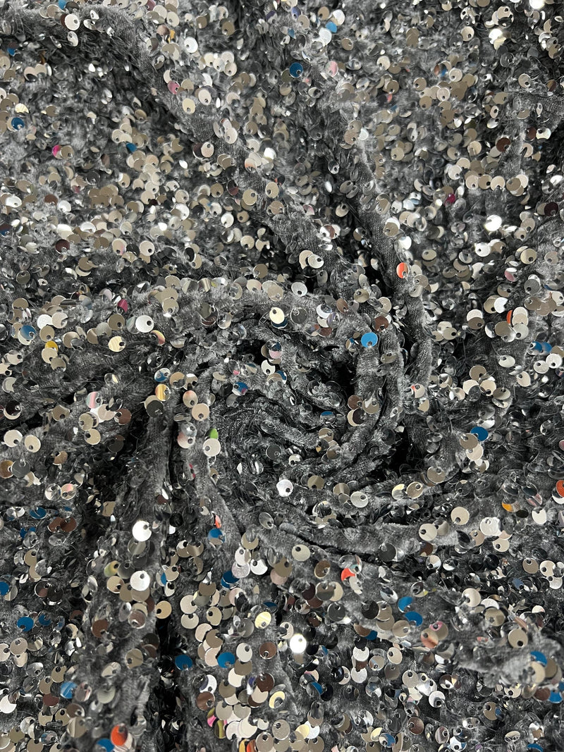 Stephanie SILVER Overlap Sequins on GREY Stretch Velvet Fabric by the Yard for Gowns, Apparel, Costumes, Crafts - 10185