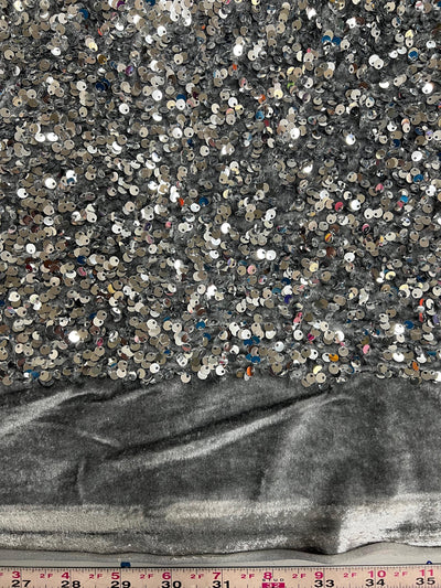 Stephanie SILVER Overlap Sequins on GREY Stretch Velvet Fabric by the Yard for Gowns, Apparel, Costumes, Crafts - 10185