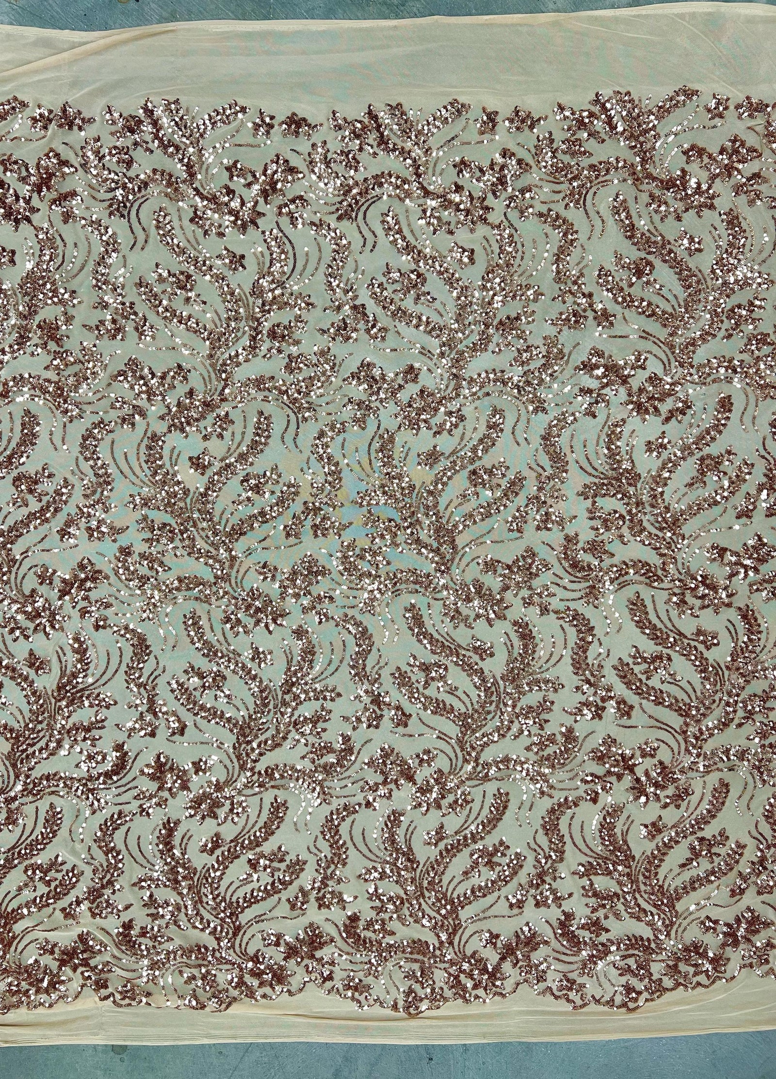 Erin COPPER Flowers and Leaves Sequins on Mesh Lace Fabric by the Yard - 10063