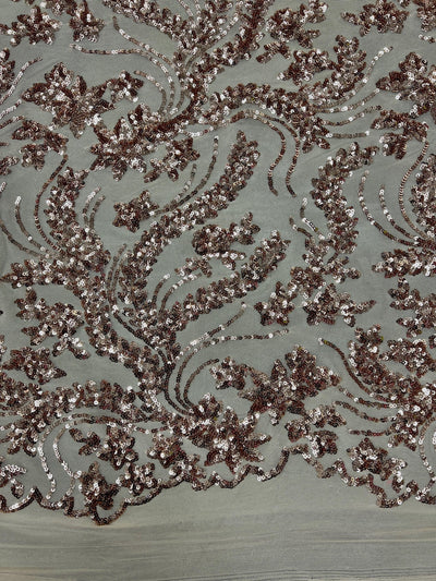 Erin COPPER Flowers and Leaves Sequins on Mesh Lace Fabric by the Yard - 10063